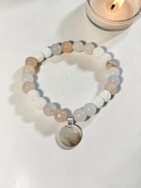 Beaded Stretch Bracelet with Shell Pendant, White & Cream, Rose Quartz, Lava
